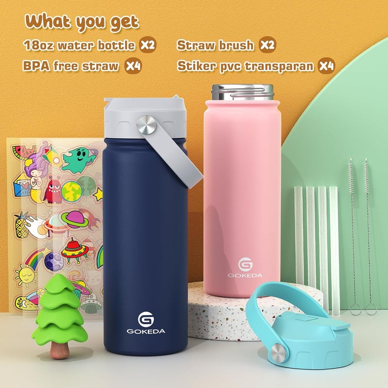 GOKEDA 18oz Kids Water Bottle, 2 Pack Insulated Bottles with Stickers, 18/8 Stainless Steel Vacuum Leak Proof Straw Cup for School, Gifts for Boys(Dark Blue, Pink) - Image 4